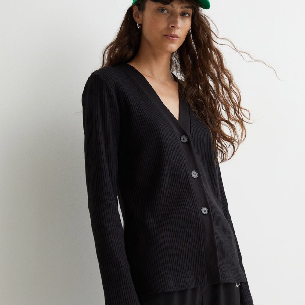 H&M V-Neck Ribbed Cardigan - Black